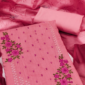 Dark Peach Floral Embroidered Cotton Blend Dress Material