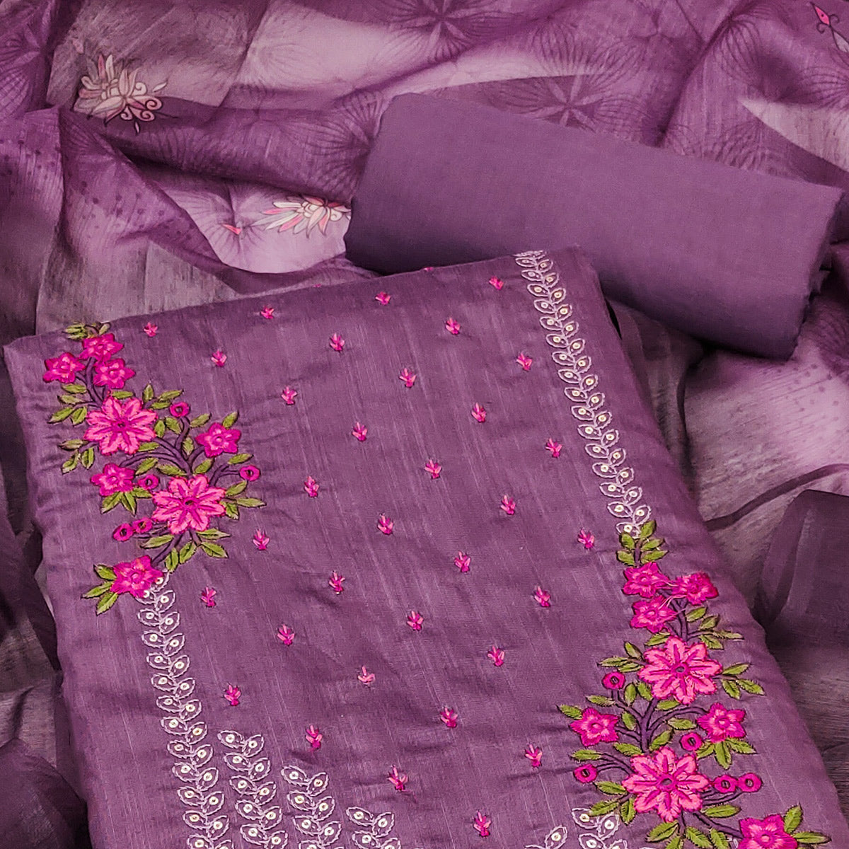 Dark Purple Floral Embroidered Cotton Blend Dress Material