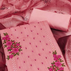 Light Peach Floral Embroidered Cotton Blend Dress Material