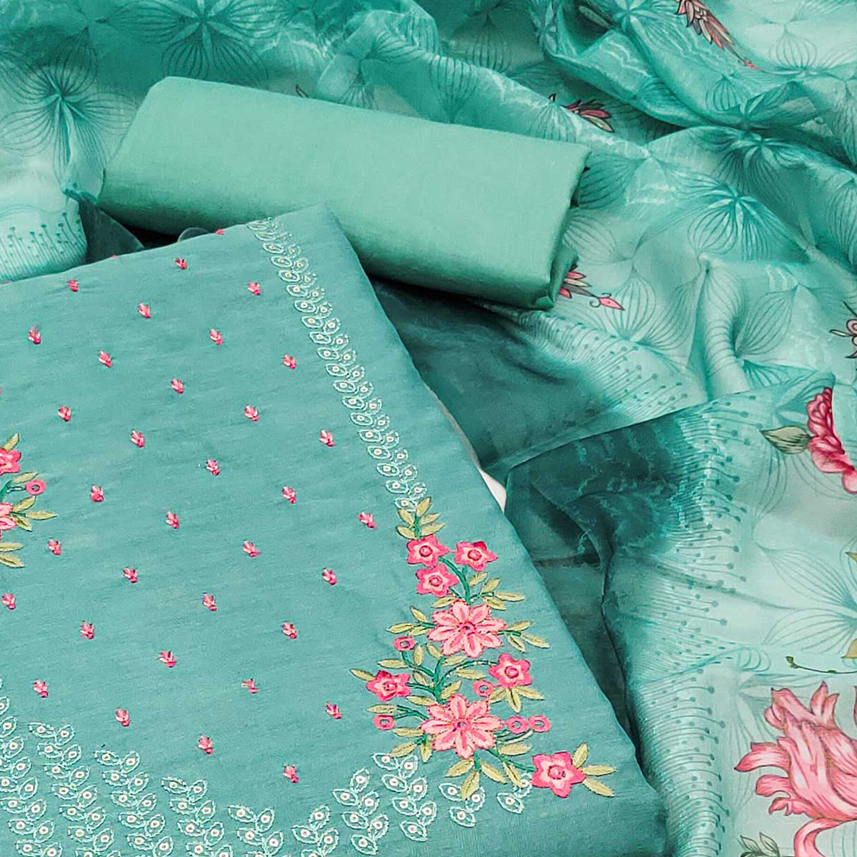 Rama Green Floral Embroidered Cotton Blend Dress Material