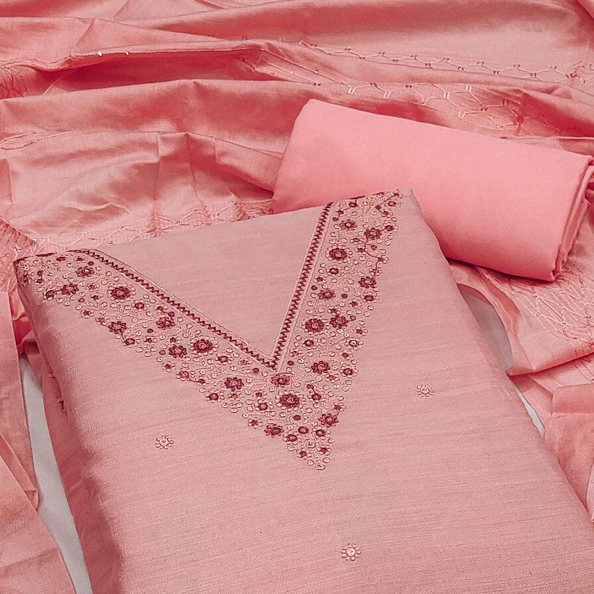 Peach Embroidered Cotton Blend Dress Material