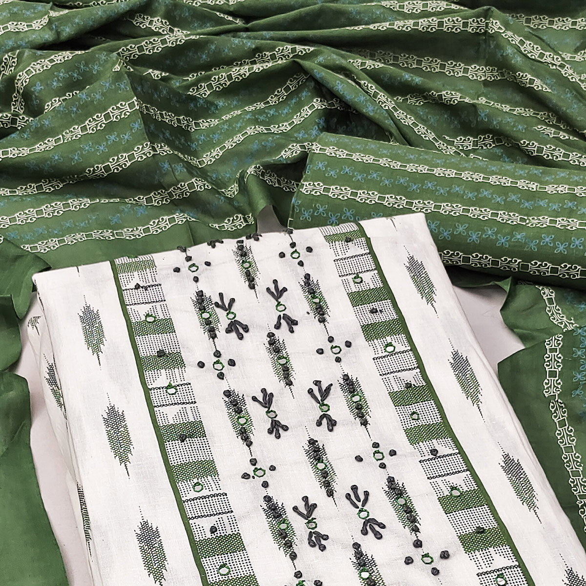 White & Green Printed Pure Cotton Dress Material
