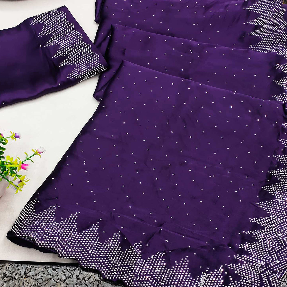 Purple Stone Work Embroidered Satin Saree