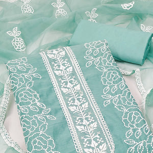 Sea Green Floral Embroidered Chanderi Dress Material