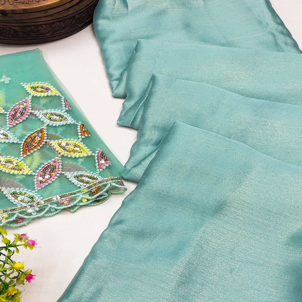 Aqua Blue Solid Chiffon Saree