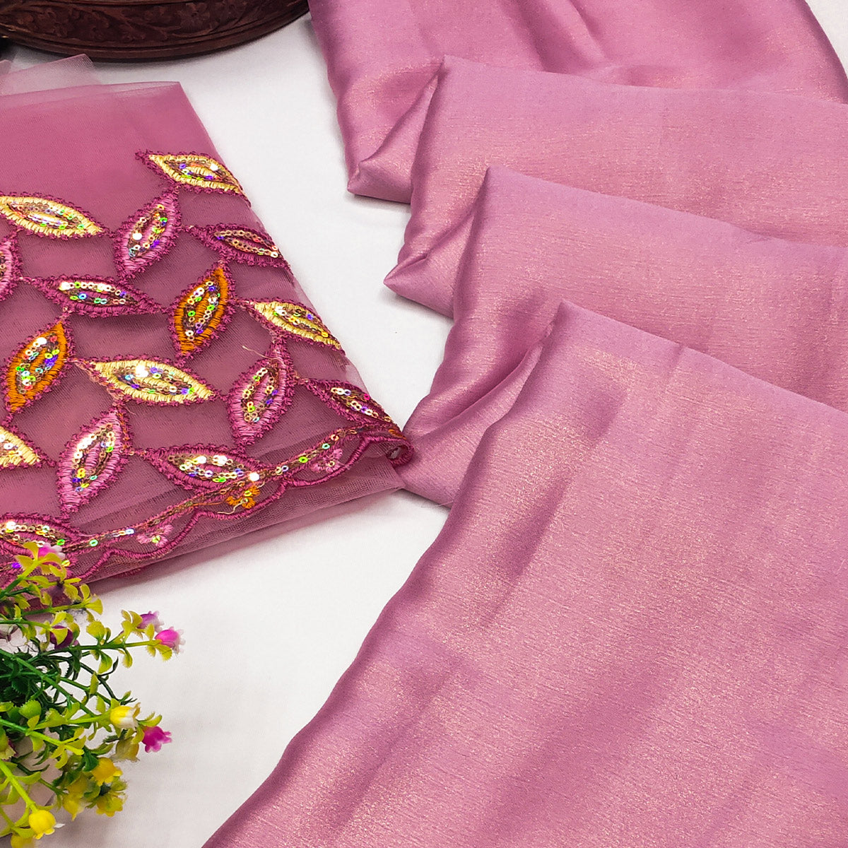 Pink Solid Chiffon Saree
