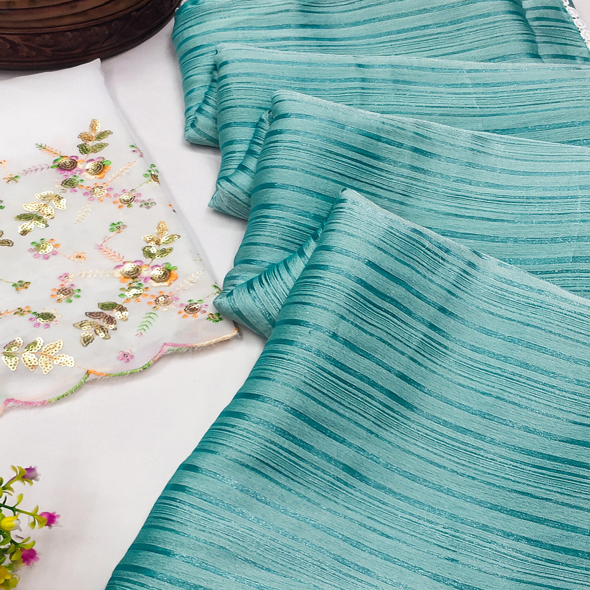 Turquoise Solid Woven Chiffon Saree With Lace Border