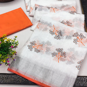 White & Orange Floral Printed Linen Saree