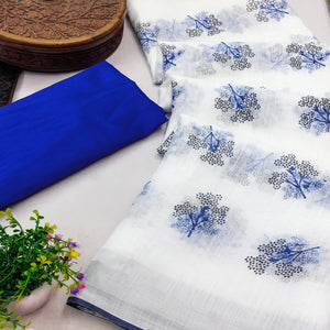 White & Blue Floral Printed Linen Saree