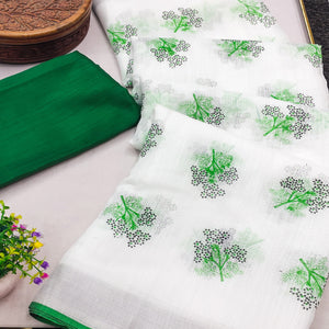 White & Green Floral Printed Linen Saree