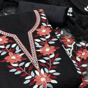Black Floral Embroidered Chanderi Dress Material