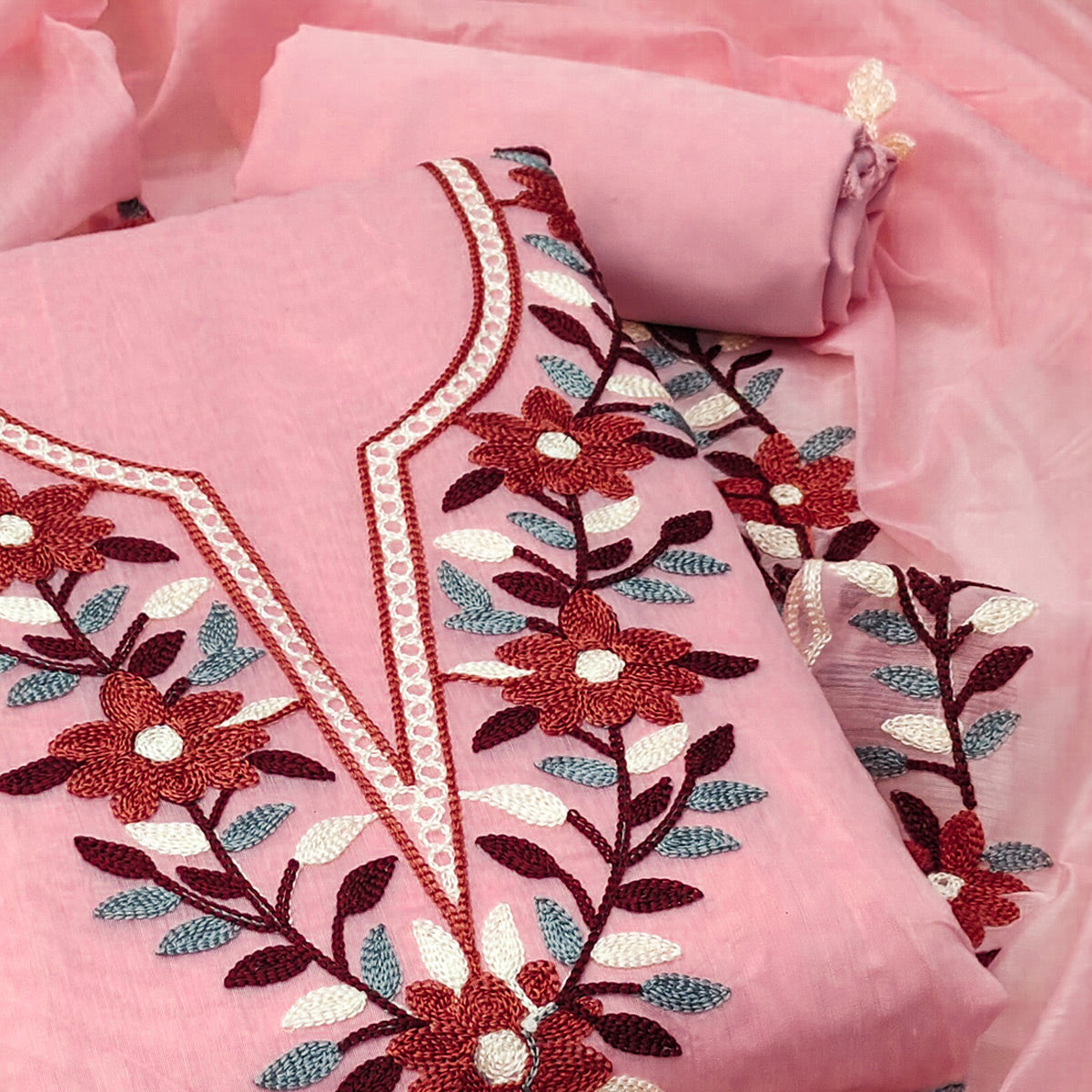 Pink Floral Embroidered Chanderi Dress Material