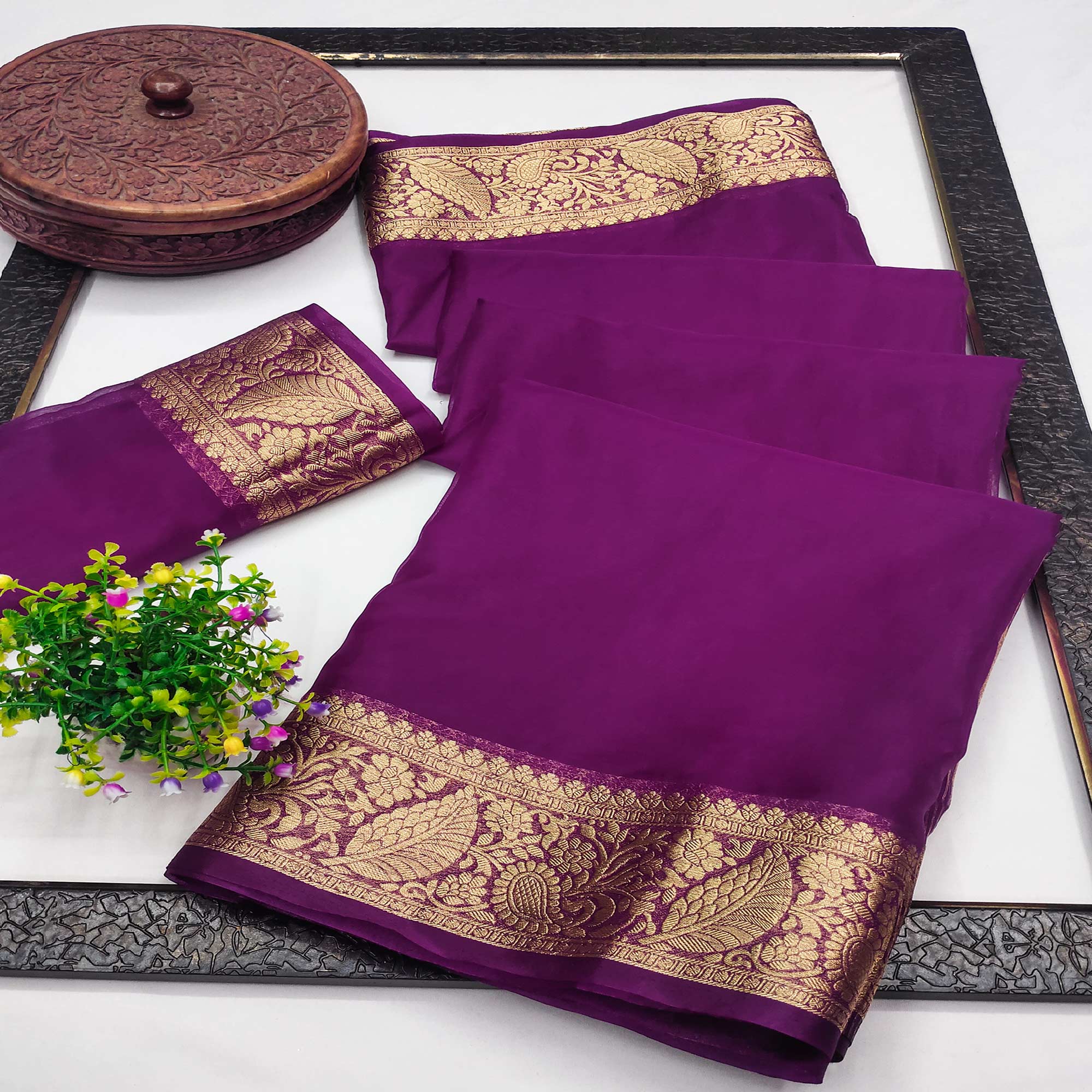 Dark Purple Solid Organza Saree With Zari Border