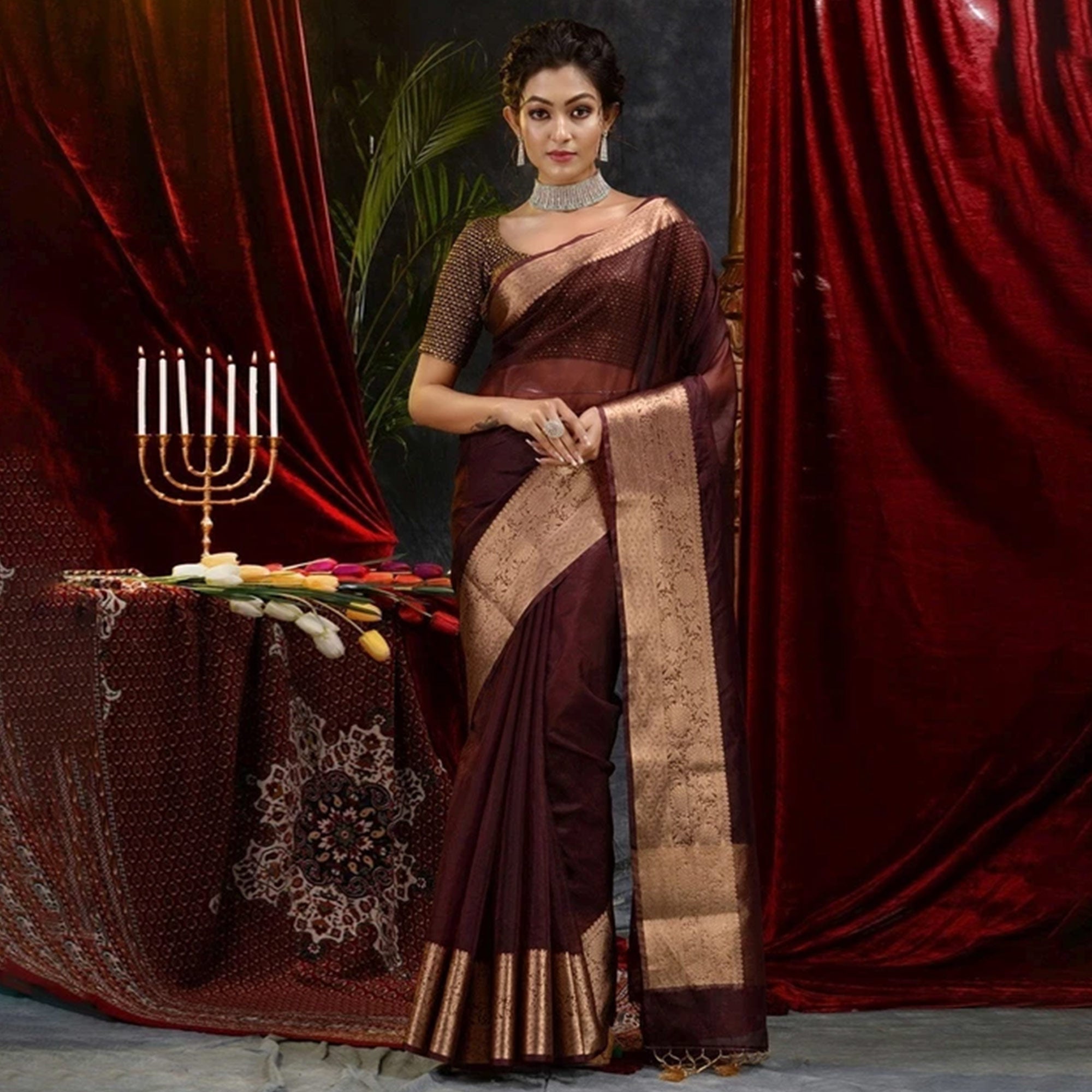 Dark Maroon Solid Organza Saree With Zari Border