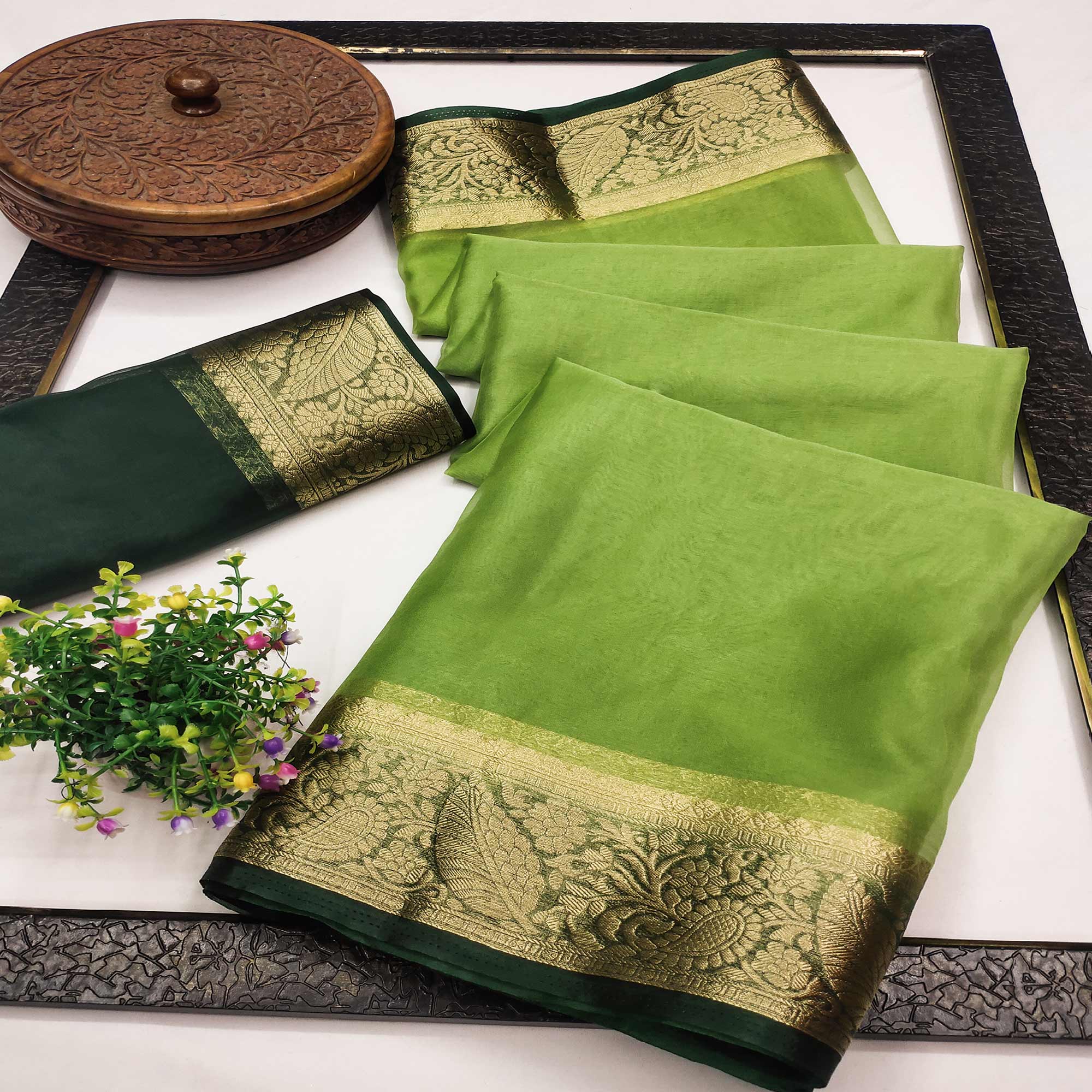 Green Solid Organza Saree With Zari Border