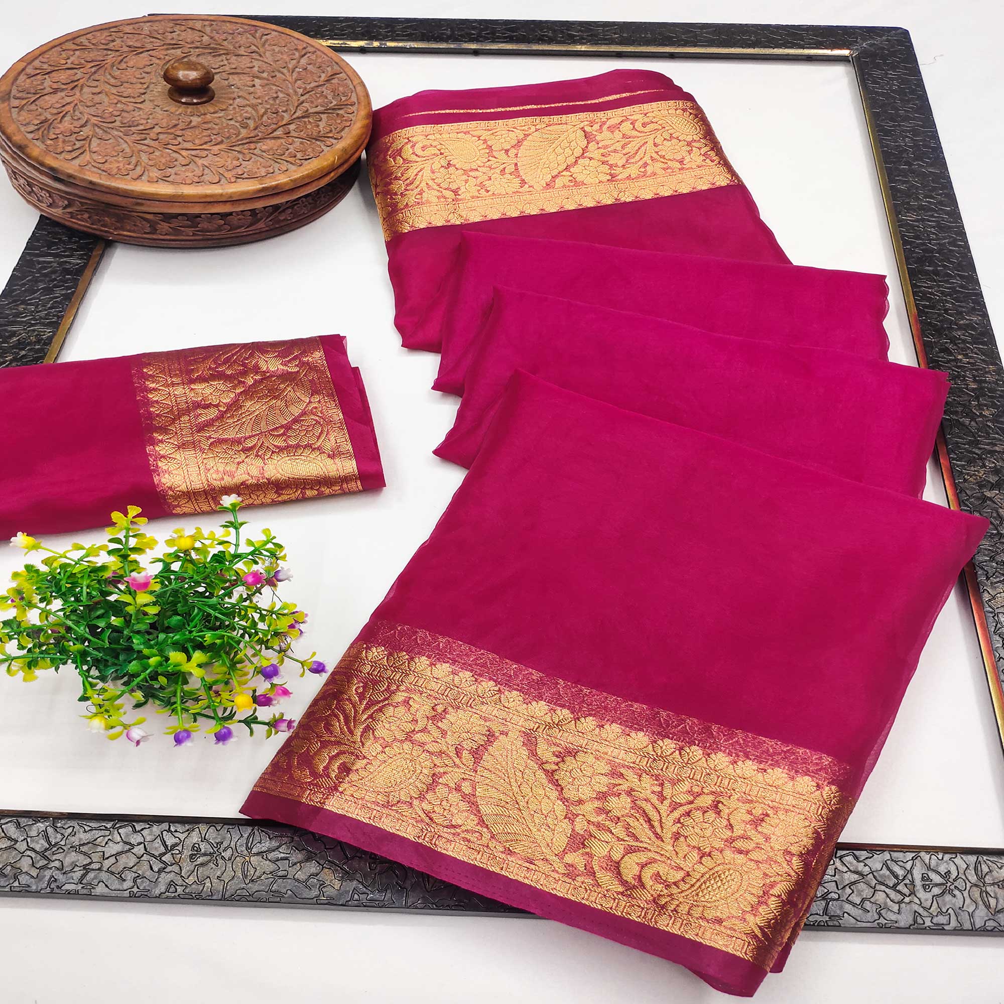 Magenta Solid Organza Saree With Zari Border