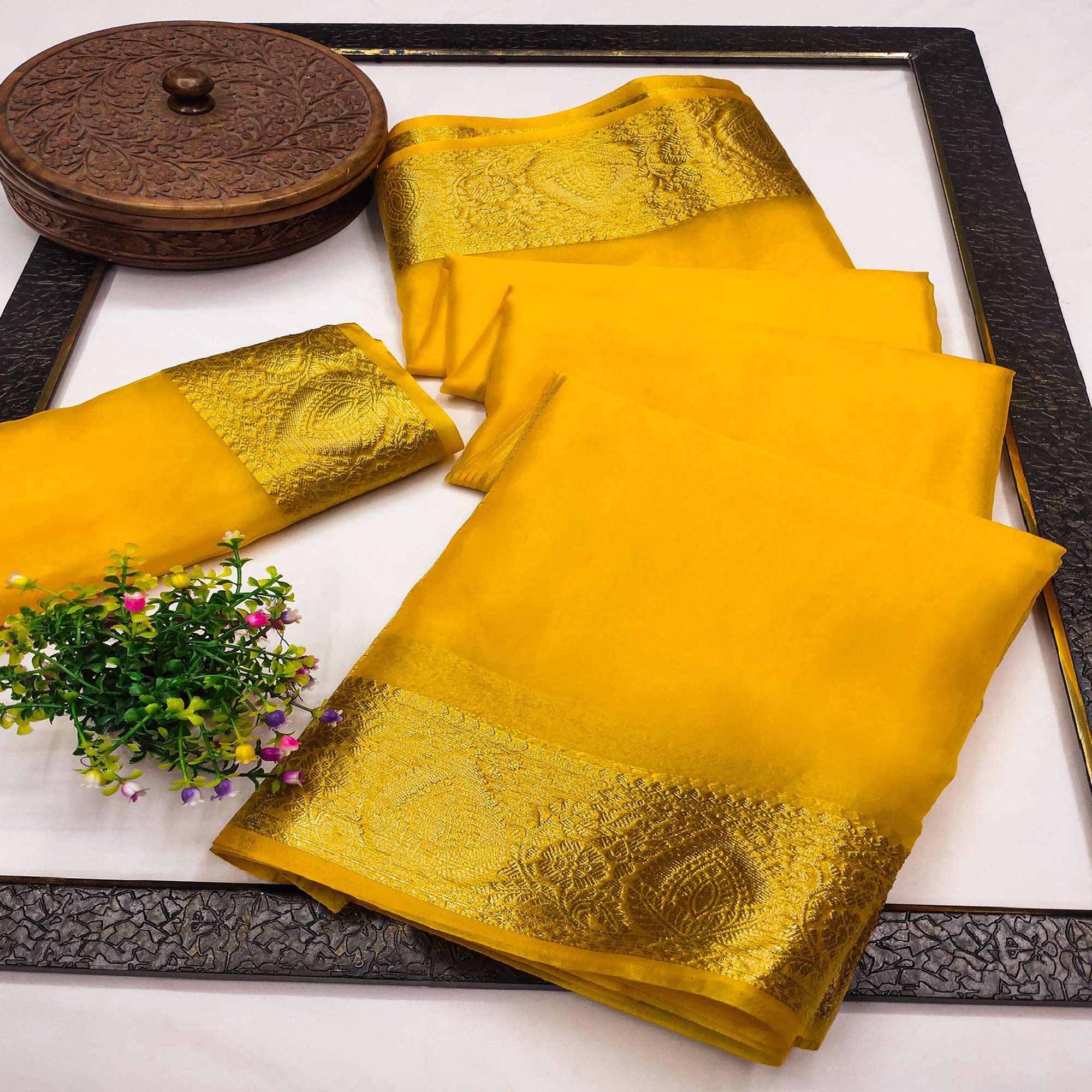 Mustard Solid Organza Saree With Zari Border