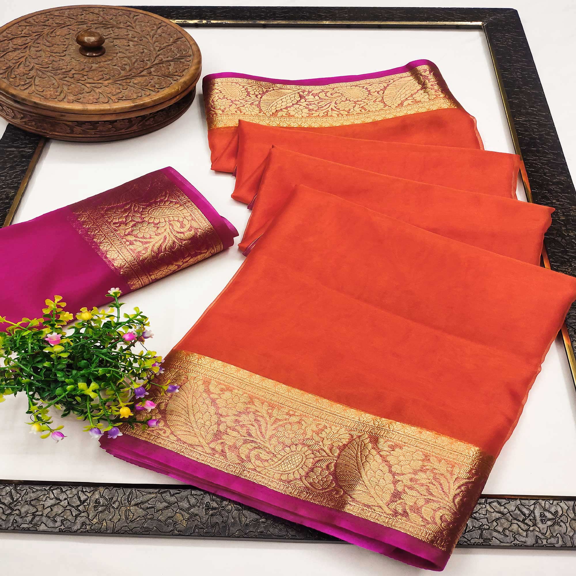 Orange Solid Organza Saree With Zari Border