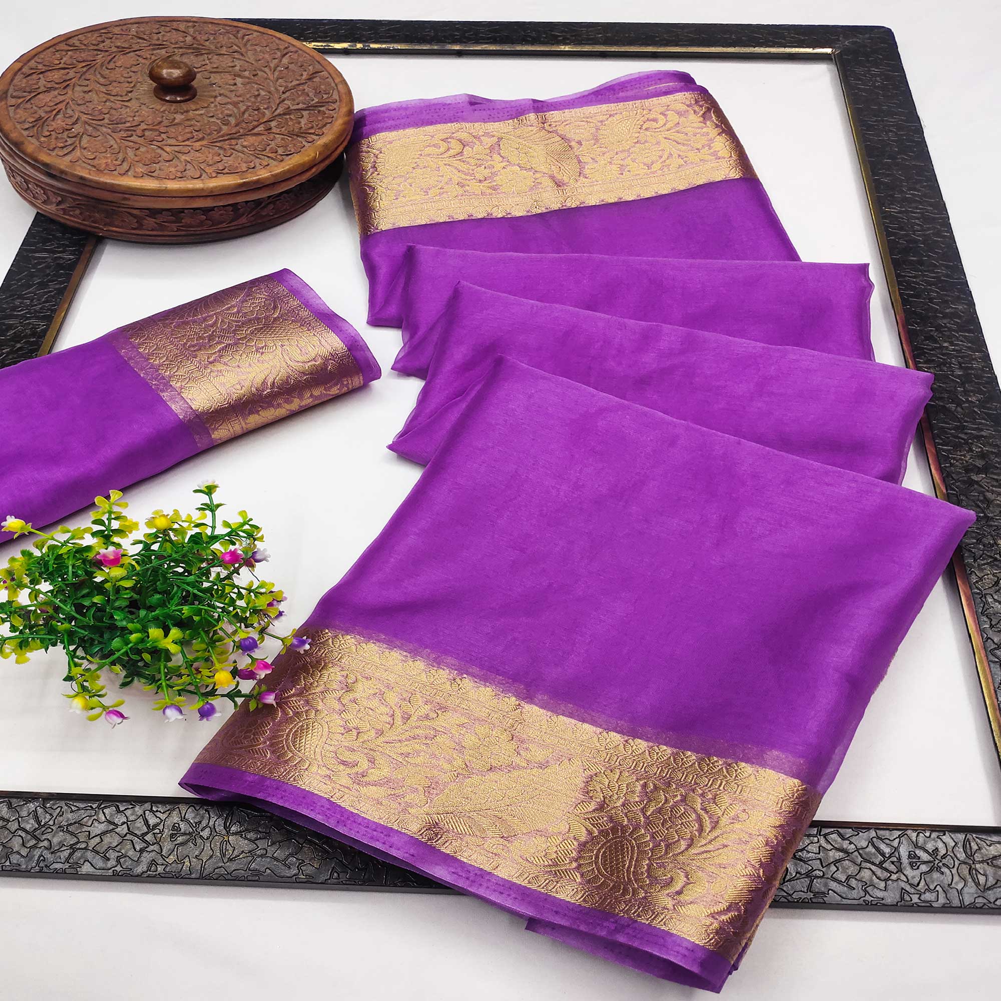 Purple Solid Organza Saree With Zari Border