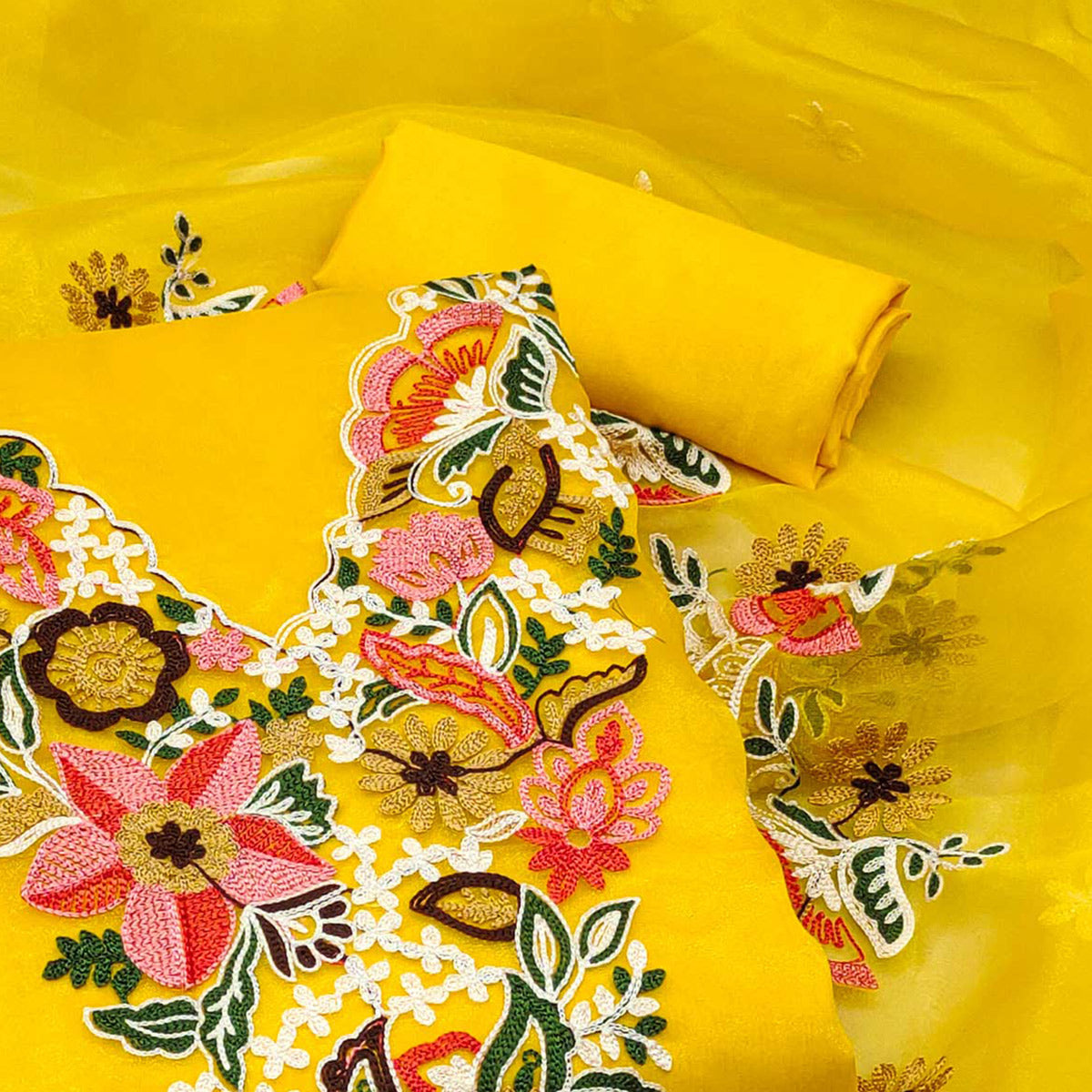 Yellow Floral Embroidered Organza Dress Material