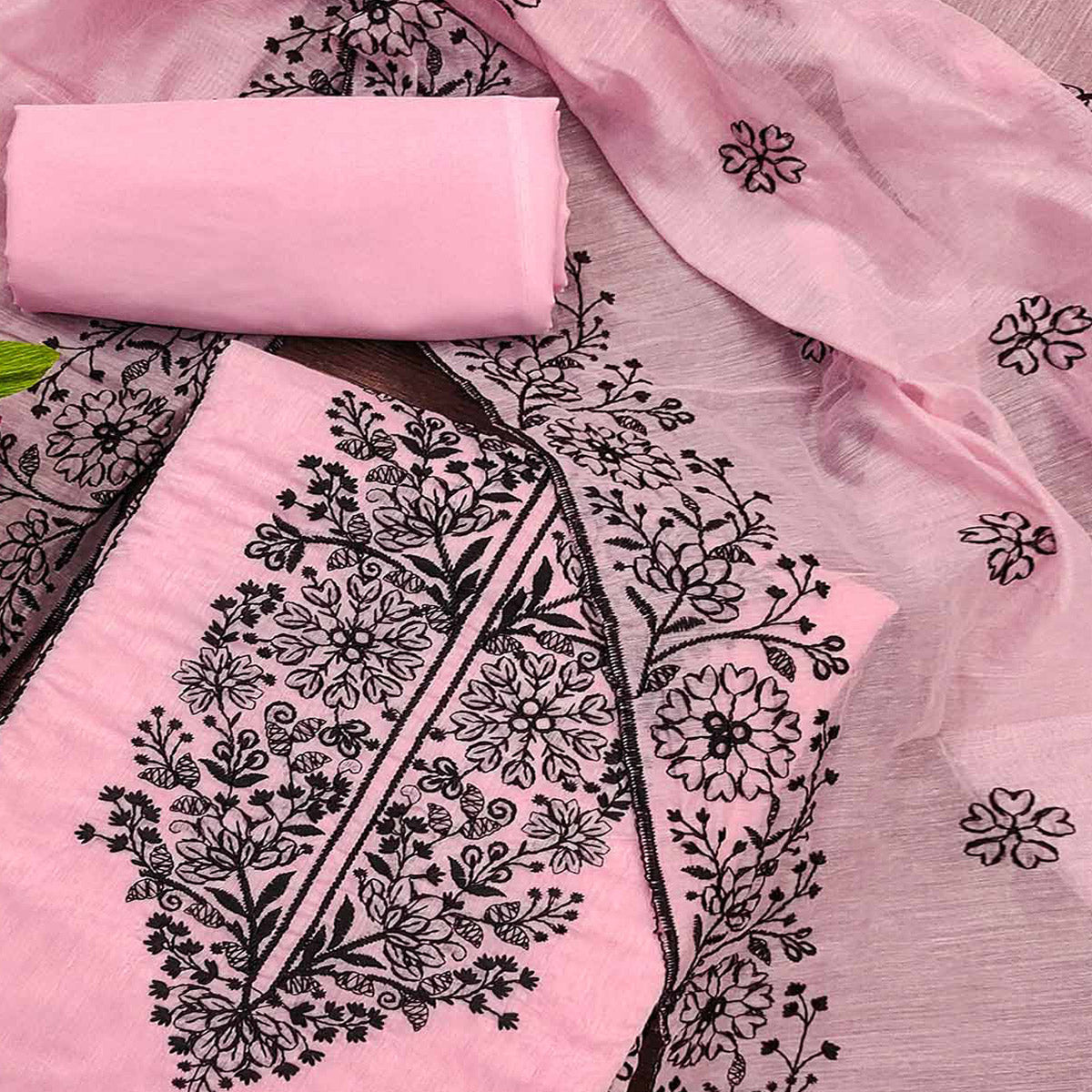 Pink Floral Embroidered Chanderi Dress Material