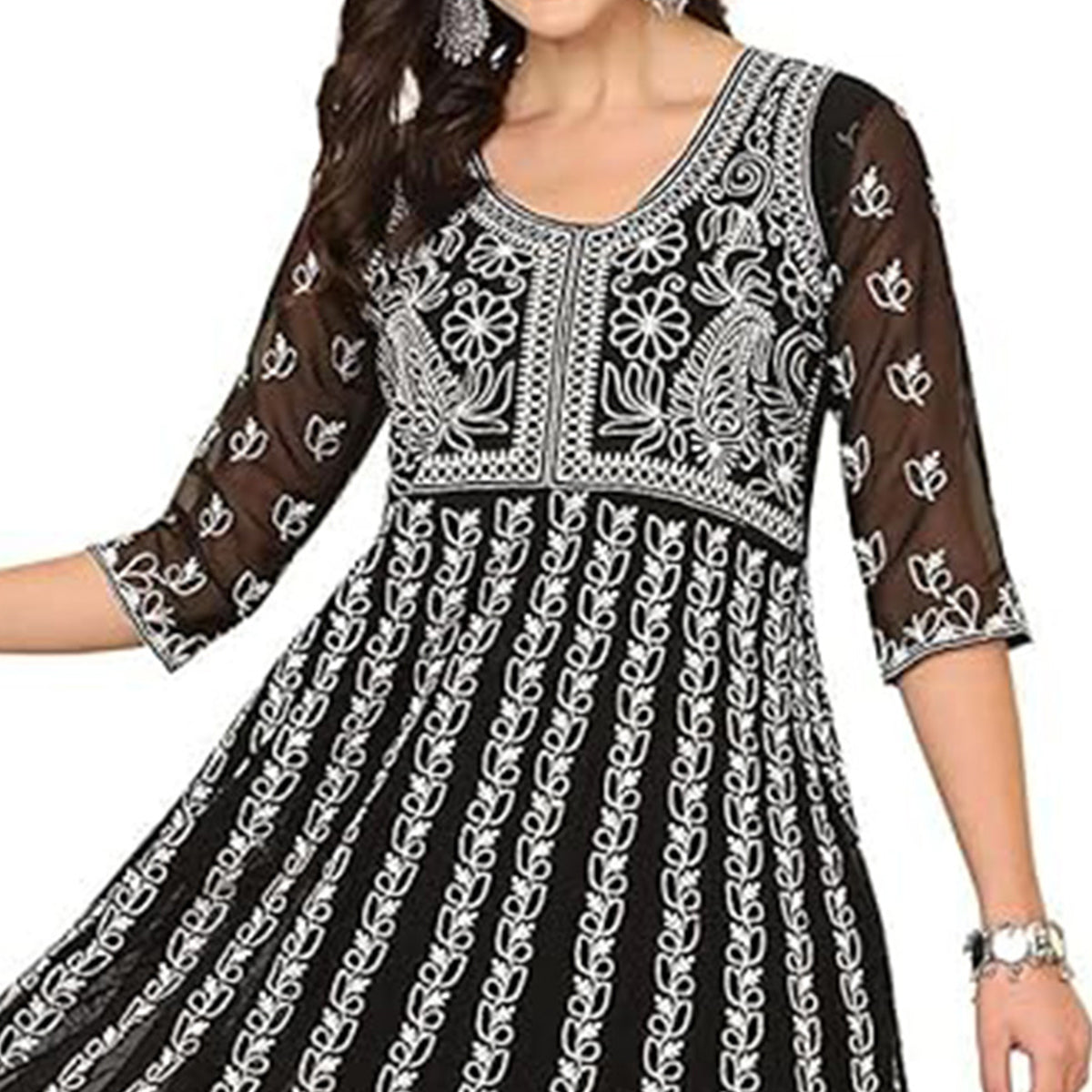 Black Chikan Embroidery Georgette Anarkali KurtI