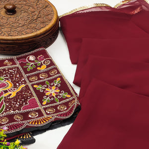 Maroon Solid Georgette Saree With Sequins Border