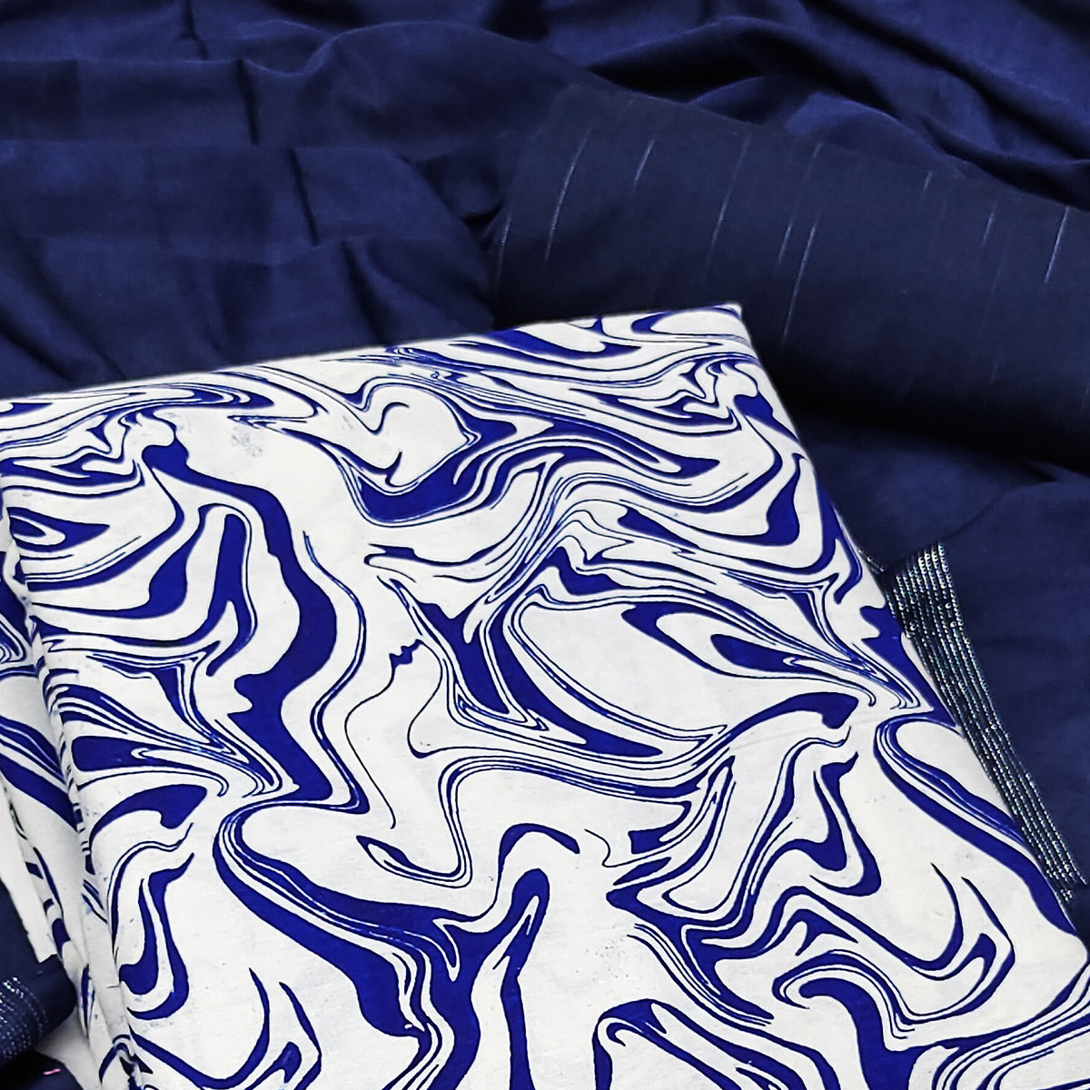 White & Blue Printed Pure Cotton Dress Material