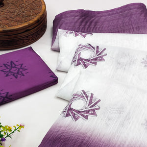 White & Purple Printed Digital Printed Linen Saree