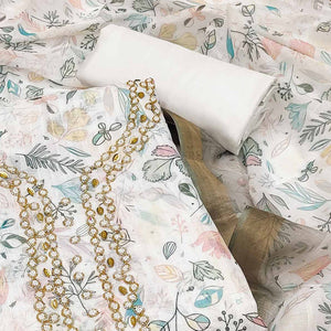 Off White Floral Printed Linen Dress Material