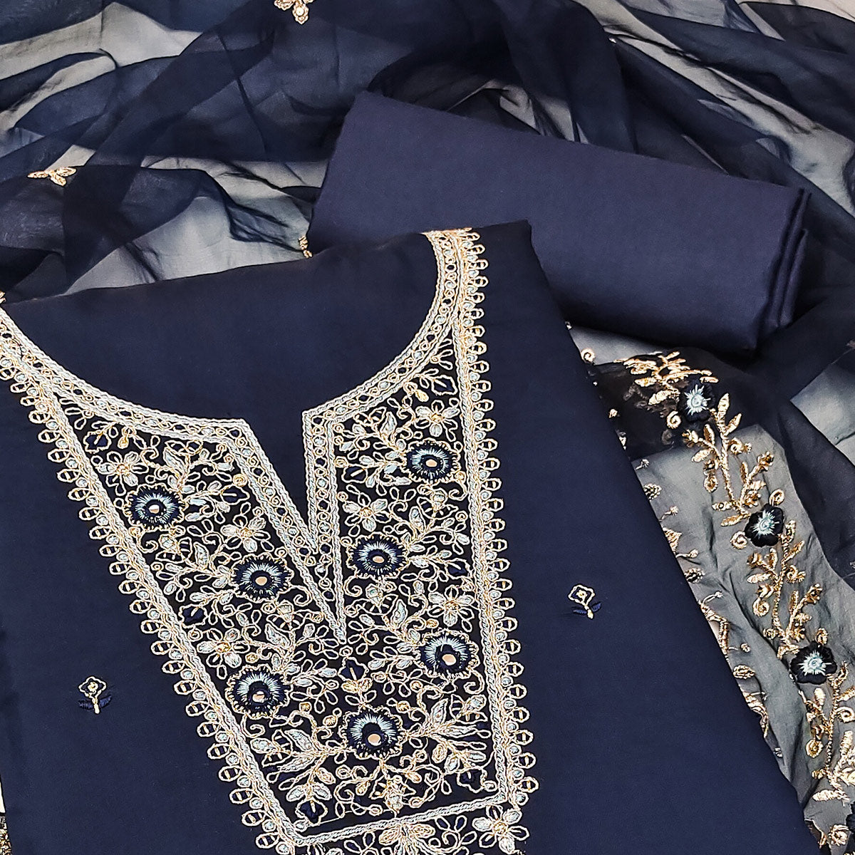 Blue Floral Embroidered Viscose Dress Material