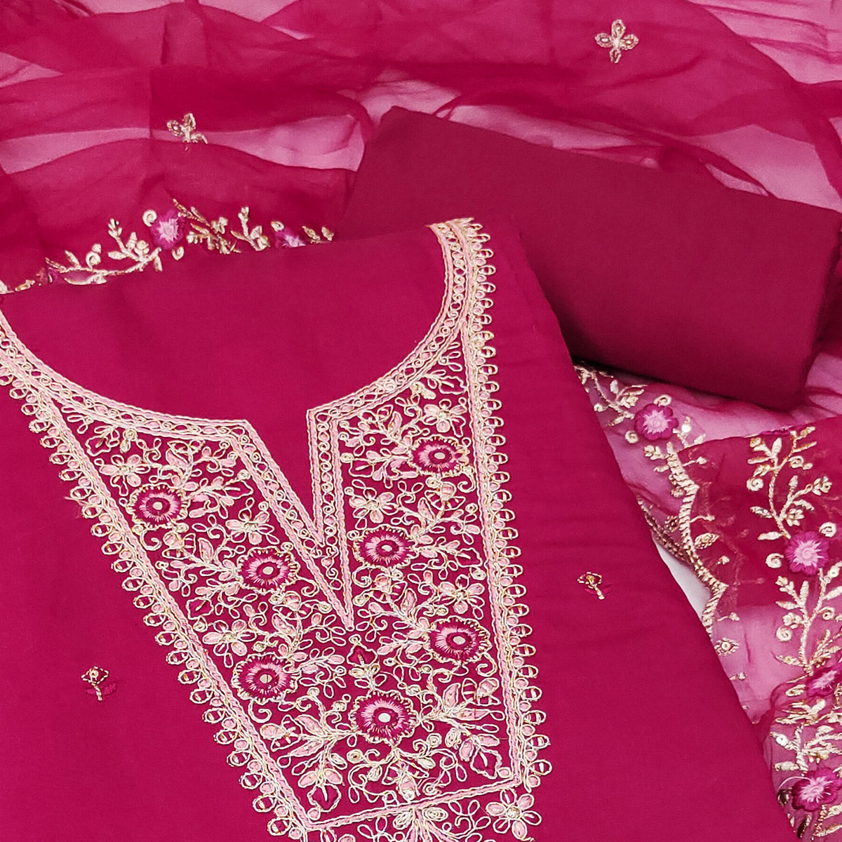 Pink Floral Embroidered Viscose Dress Material