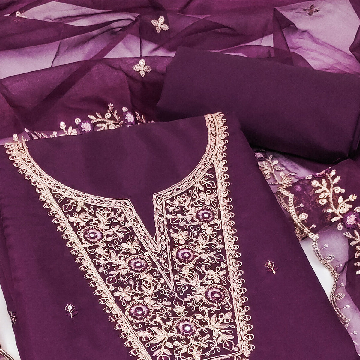 Purple Floral Embroidered Viscose Dress Material