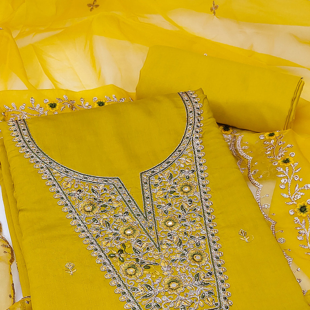 Yellow Floral Embroidered Viscose Dress Material
