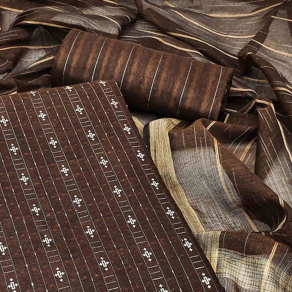 Brown Woven Pure Cotton Dress Material