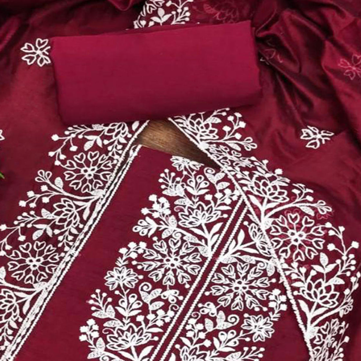 Maroon Floral Embroidered Chanderi Silk Dress Material