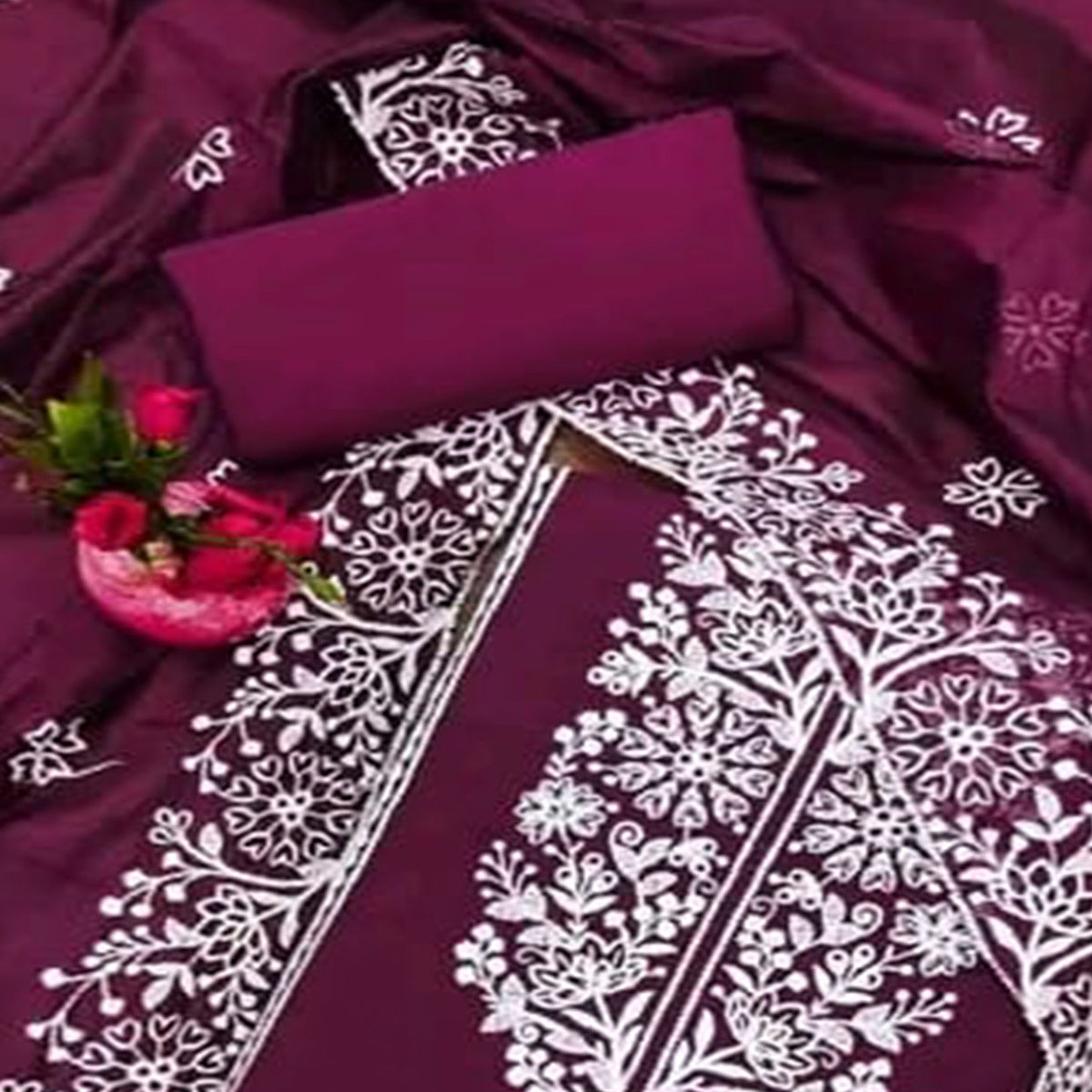 Wine Floral Embroidered Chanderi Silk Dress Material
