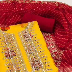 Yellow Floral Printed Chanderi Dress Material