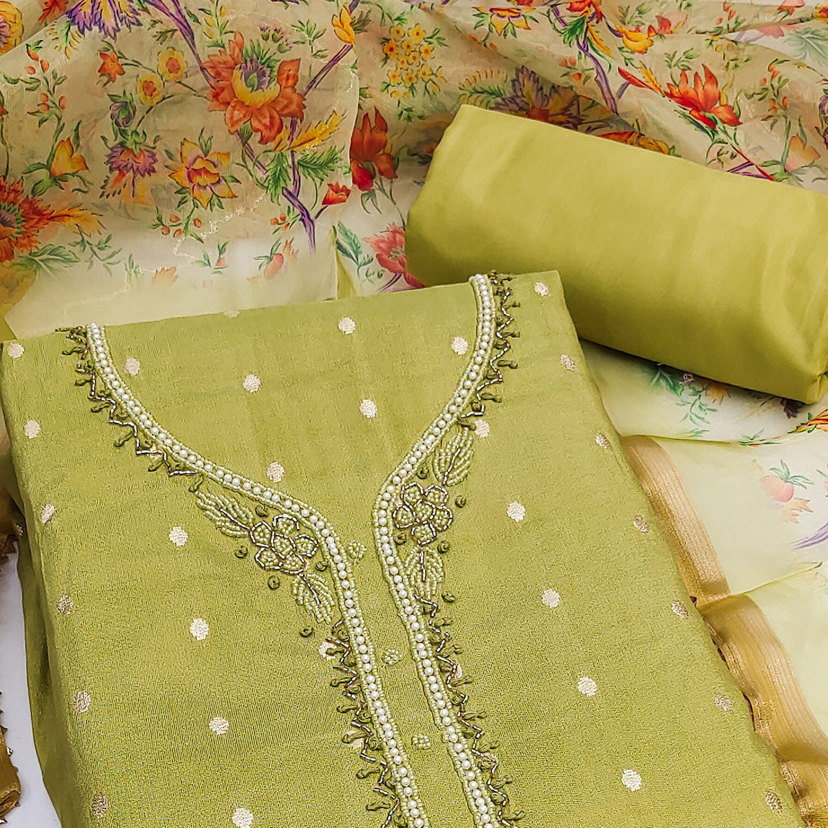 Green Zari Work Woven Net Dress Material