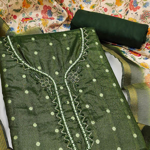 Festive Mehendi Green Net Dress Material Accented with Intricate Zari Weaving