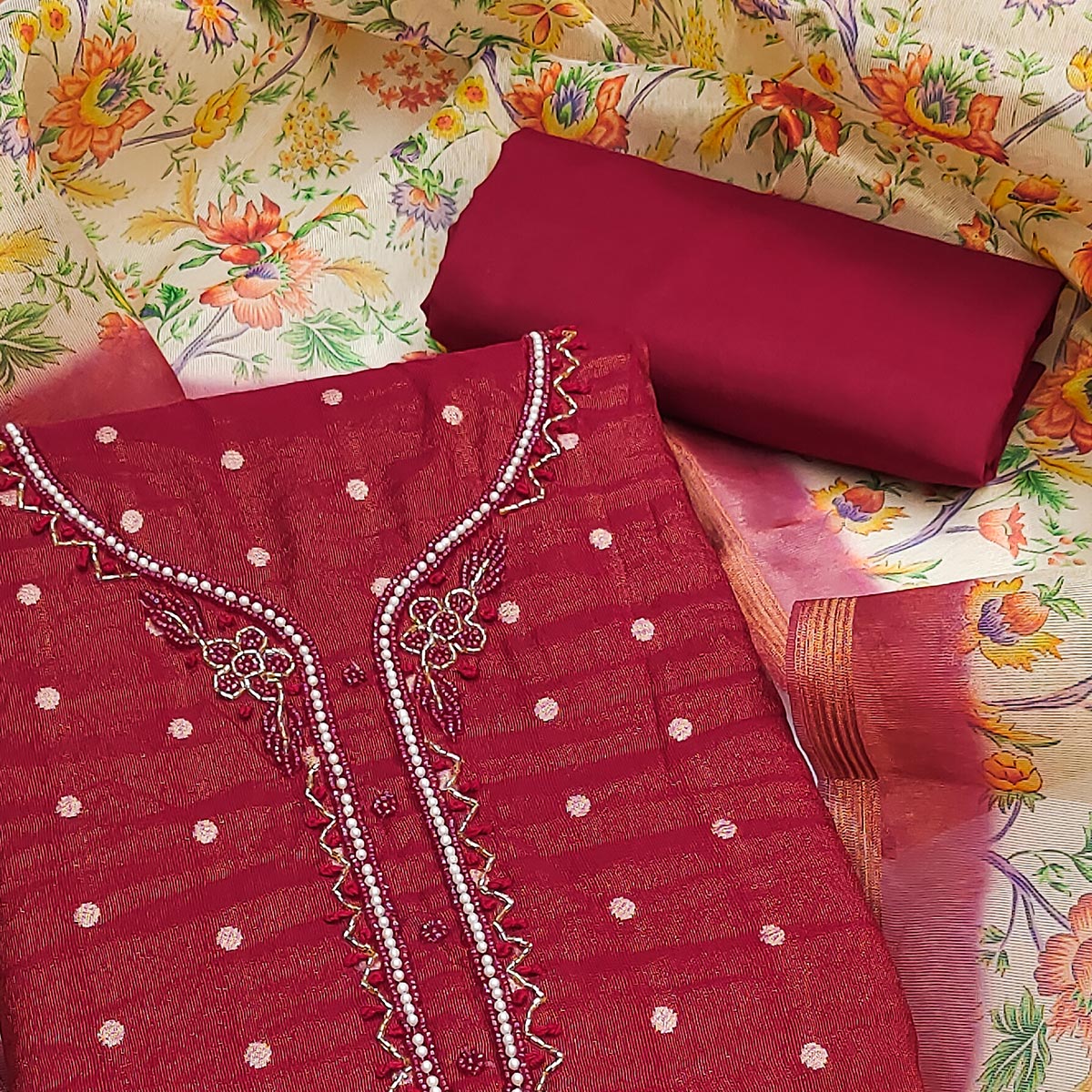 Red Zari Work Woven Net Dress Material