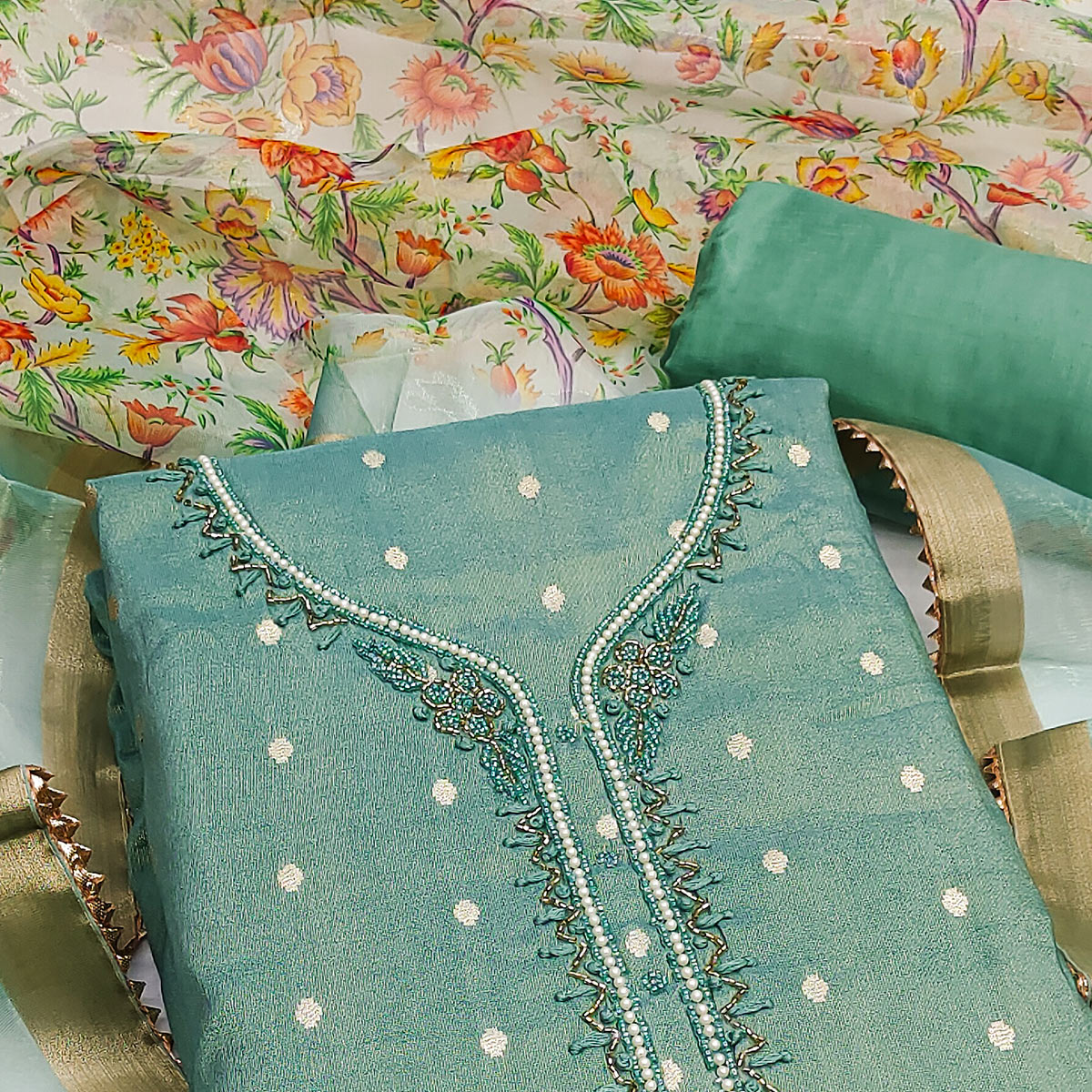 Sea Green Zari Work Woven Net Dress Material