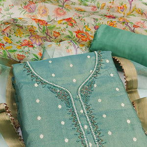 Sea Green Zari Work Woven Net Dress Material