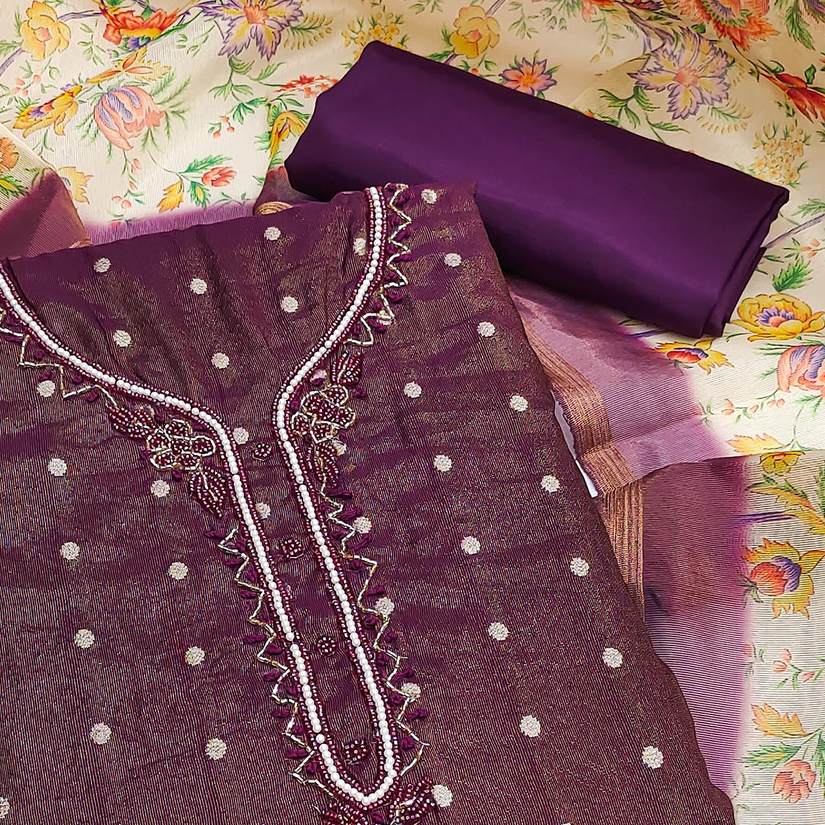 Wine Zari Work Woven Net Dress Material