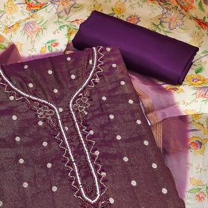 Wine Zari Work Woven Net Dress Material