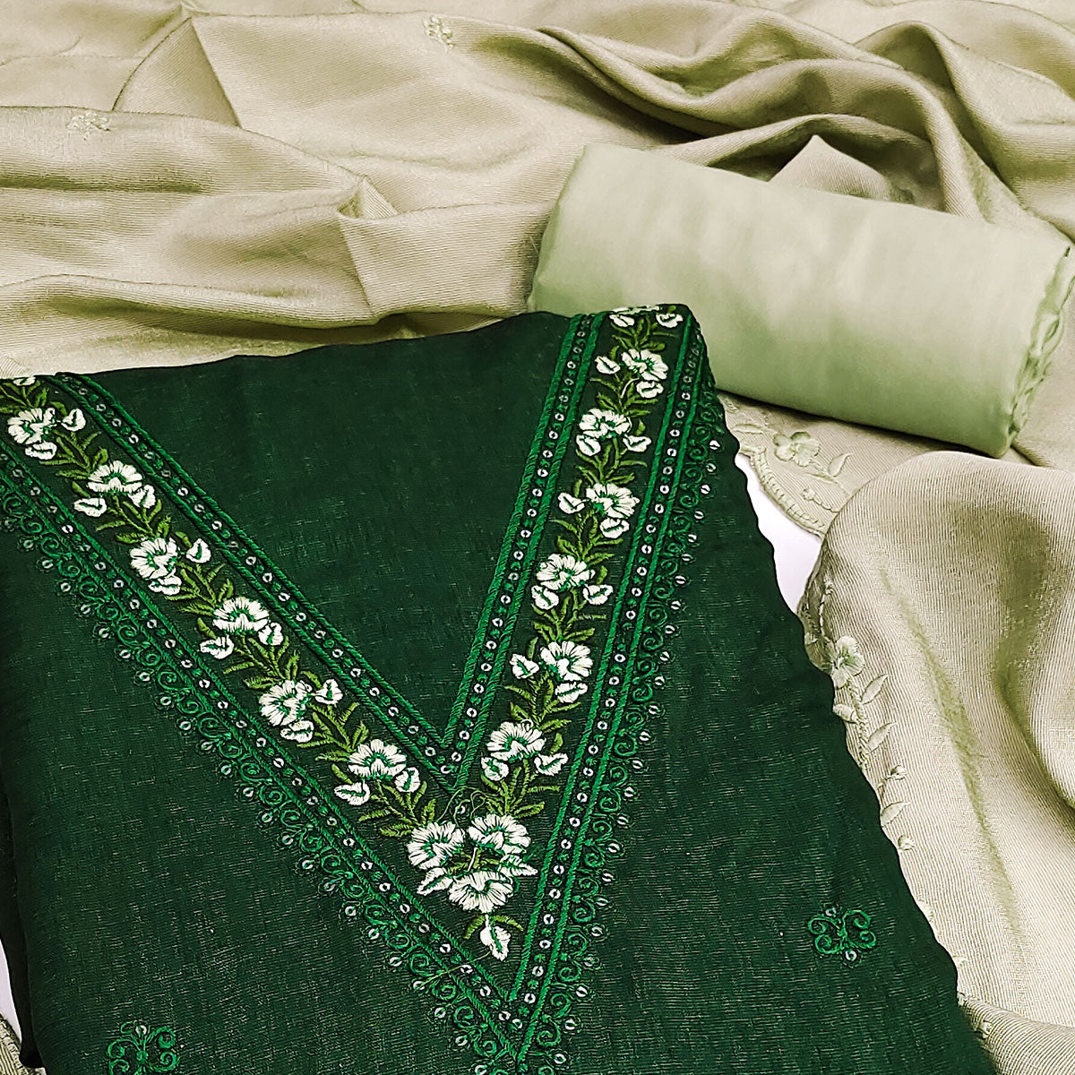 Green Floral Embroidered Vichitra Silk Dress Material