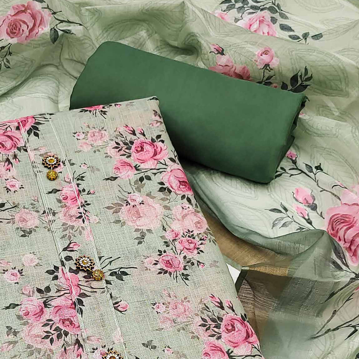 Dusty Green Floral Printed Linen Dress Material