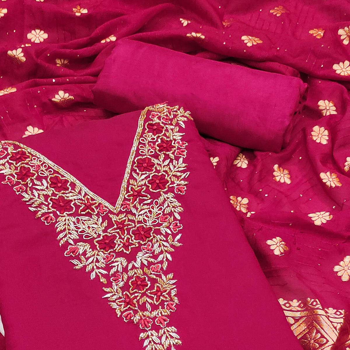 Pink Beads Embroidered Viscose Dress Material