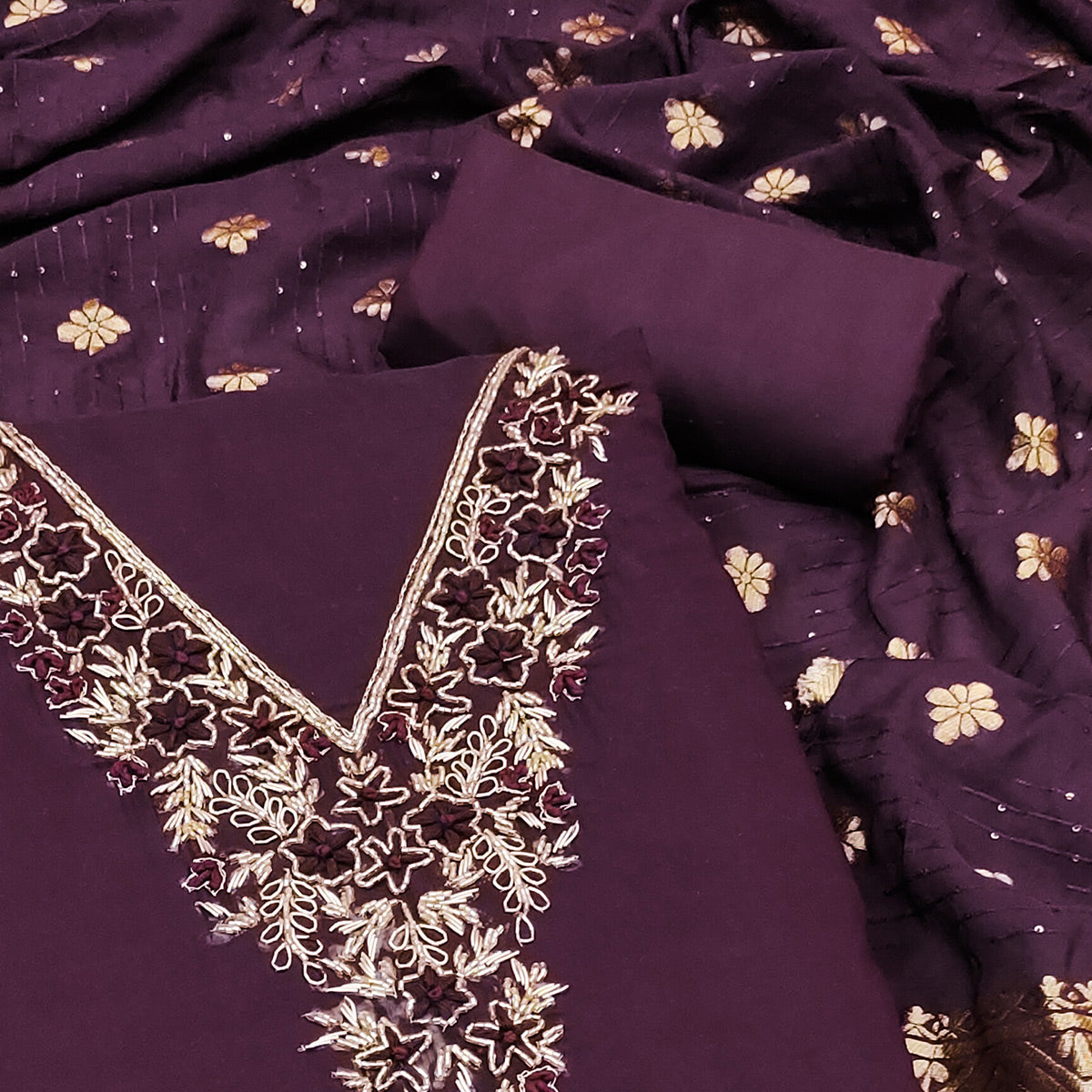 Purple Beads Embroidered Viscose Dress Material
