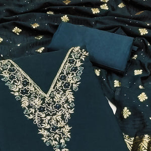 Teal Green Beads Embroidered Viscose Dress Material